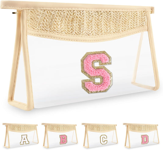 Small Boho Straw Initial Letter Makeup Bag Personalized Gift ,Cute Clear Chenille Patch Makeup Bag With Zipper,Trendy TSA Approved Travel Toiletry Bag,Gift for Women Girls Birthday Friend, Letter S