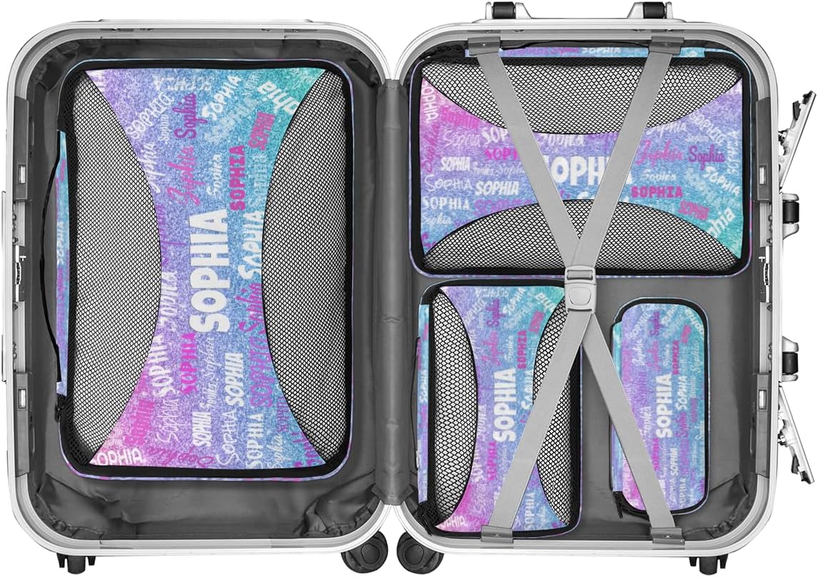 4pc Personalized Name Packing Cubes for Travel - Luggage Packing Organizers - Travel Packing Cubes for Suitcases, Dreamy Glittery Effect, Colorful Names