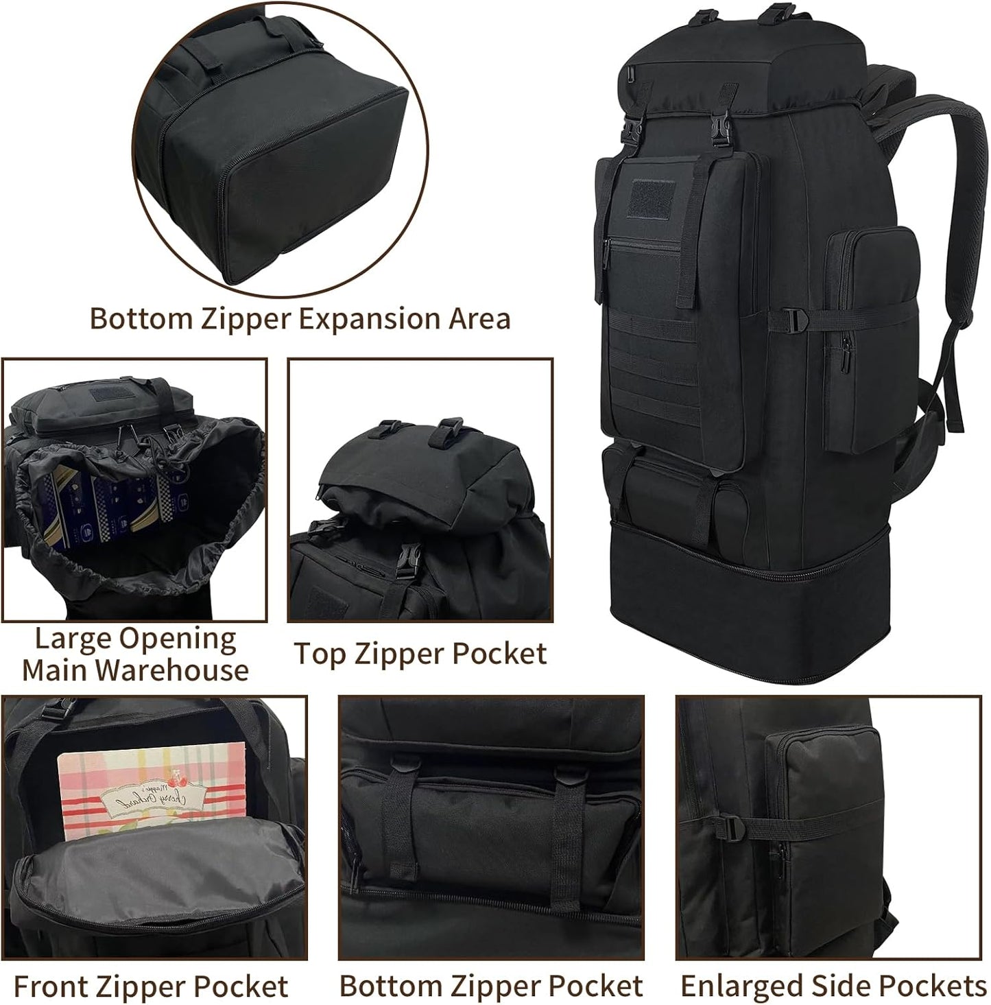 Hiking Backpack, 100L Large Camping Backpack, Expandable Waterproof MOLLE Rucksack, Outdoor Sport Travel Daypack Military Tactical Back pack for Men Women (Black)