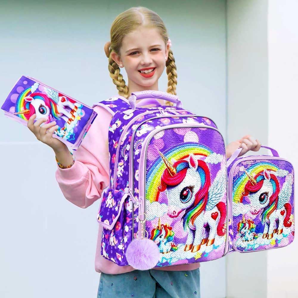 UFNDC 3PCS Unicorn Backpack for Girls, 16”Kids Sequin Bookbag with Lunch Box, Water Resistant