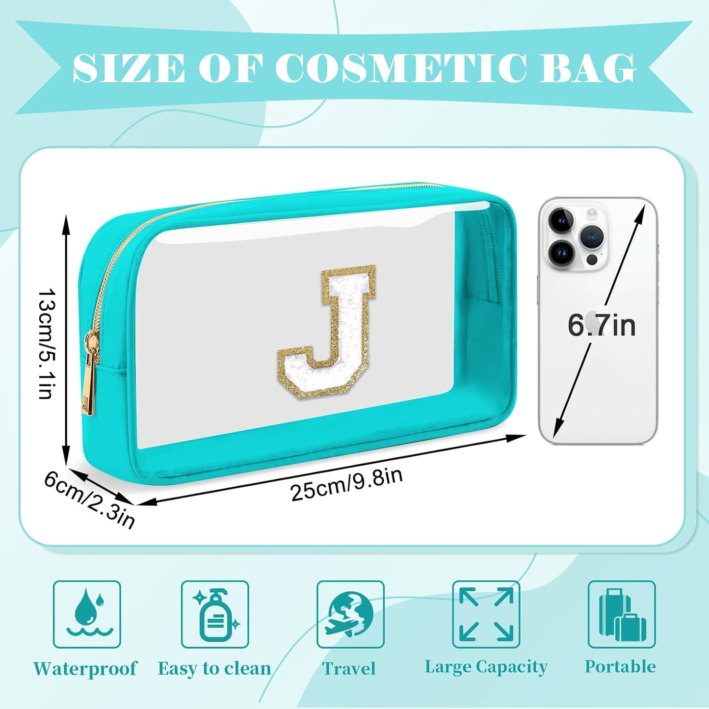 Personalized Initial Letter Clear Makeup Bag,Preppy Small Nylon&PVC Cosmetic Zipper Bag with Chenille Letter,Portable Beach Travel Skincare Toiletry Bag,Trendy Monogram Gift for Teen Girls Women,J