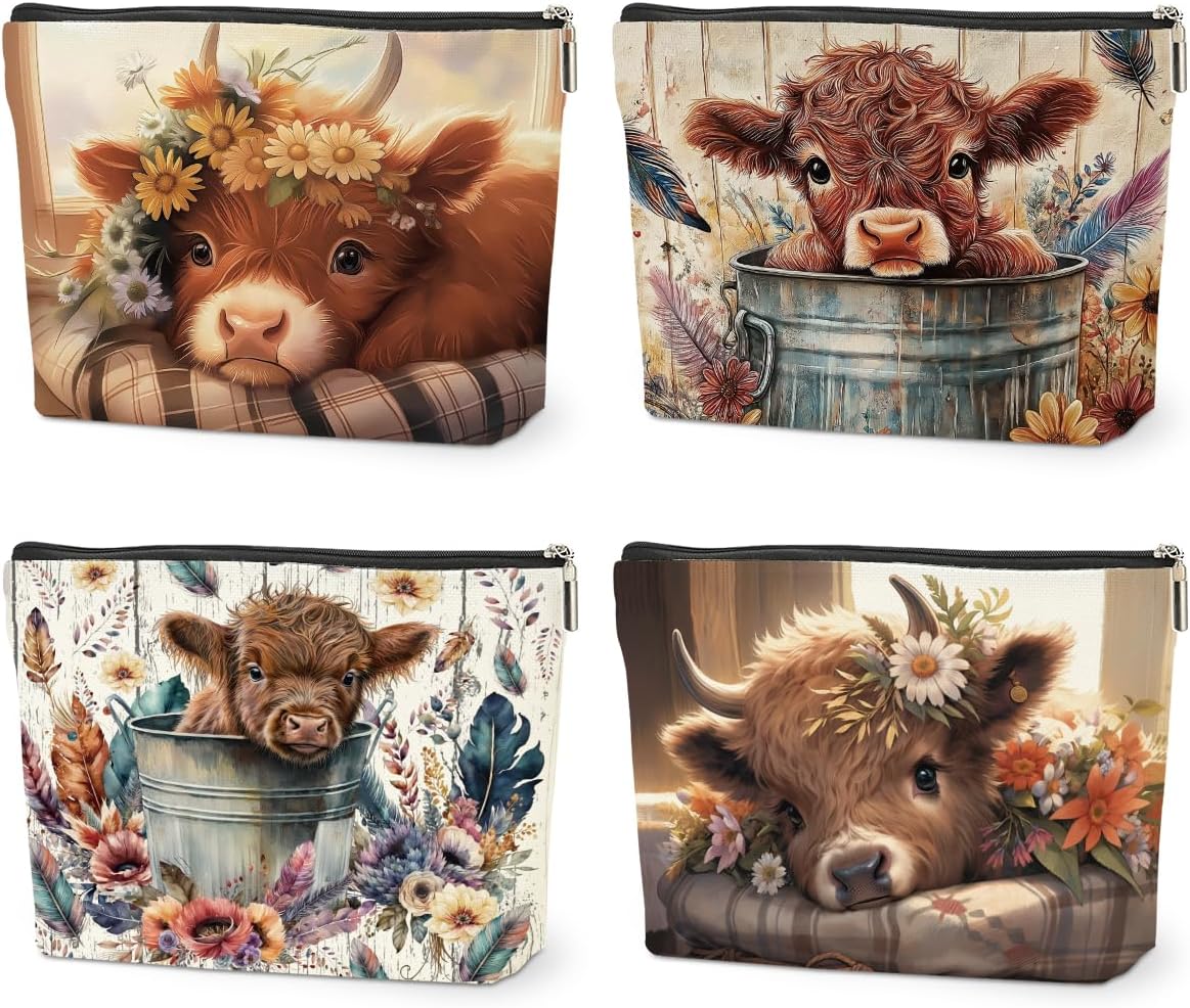 4 PCs Highland Cow Makeup Bag Cow Print Stuff Highland Cow Gifts Cosmetic Bag, Western Gifts for Women Scottish Girls Best Friends Coworkers, Cute Cow Stuff Christmas birthday Gifts Zipper Pouch