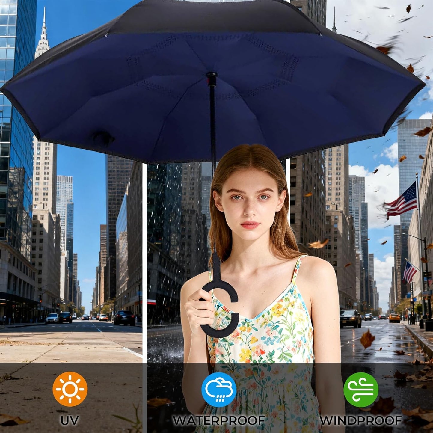 Inverted Umbrella, 49 Inch Double-Layer Vented Reverse Umbrella, Windproof Waterproof UV Protection, Lightweight C-Handle, Fiberglass Ribs, Steel Shaft, Travel/Commute/Car Use, With Sleeve