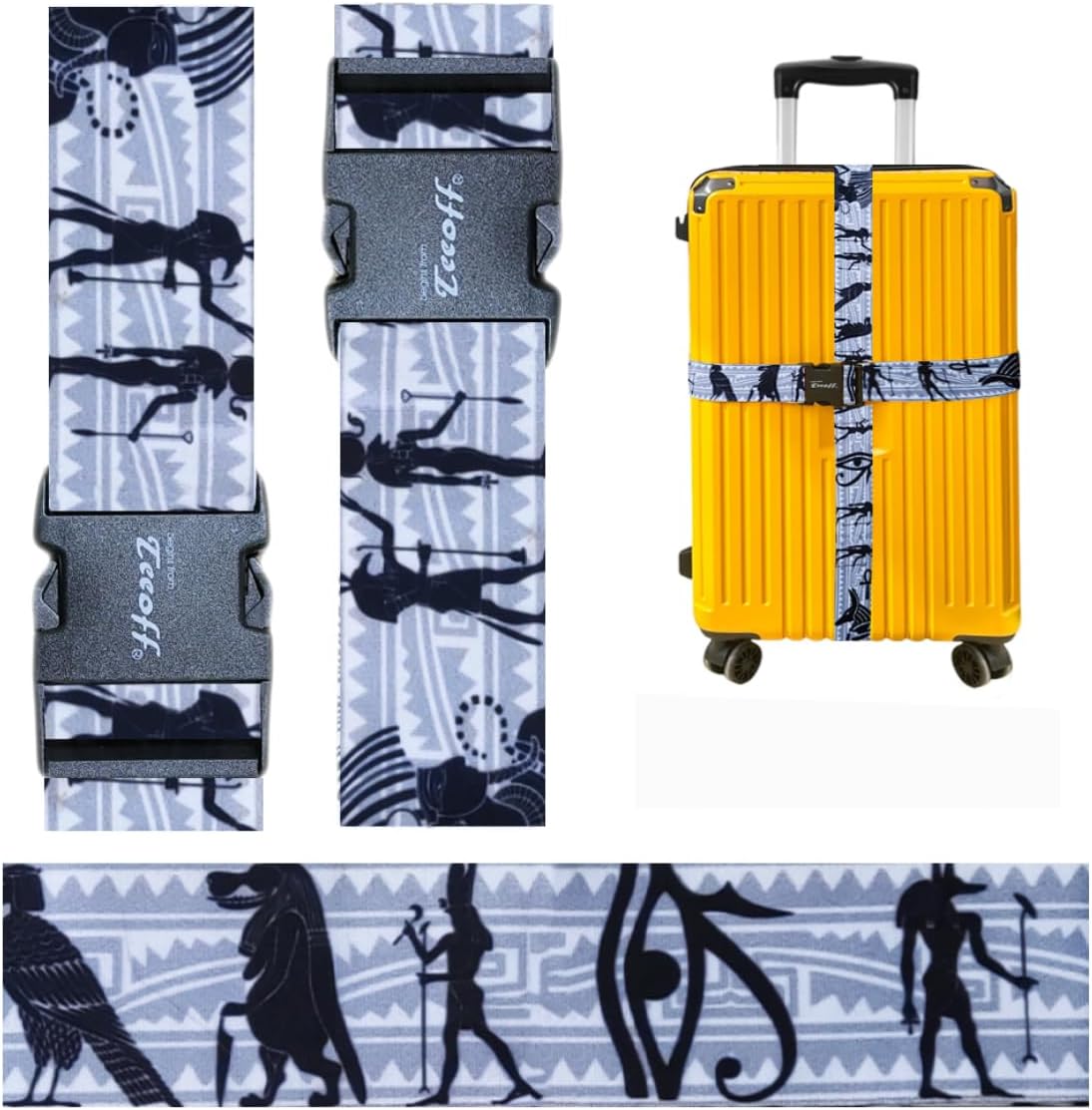 Teeoff Luggage Straps Suitcase Belts Travel Bag Accessories Adjustable 220CM (Egypt Black - 2 Pack)
