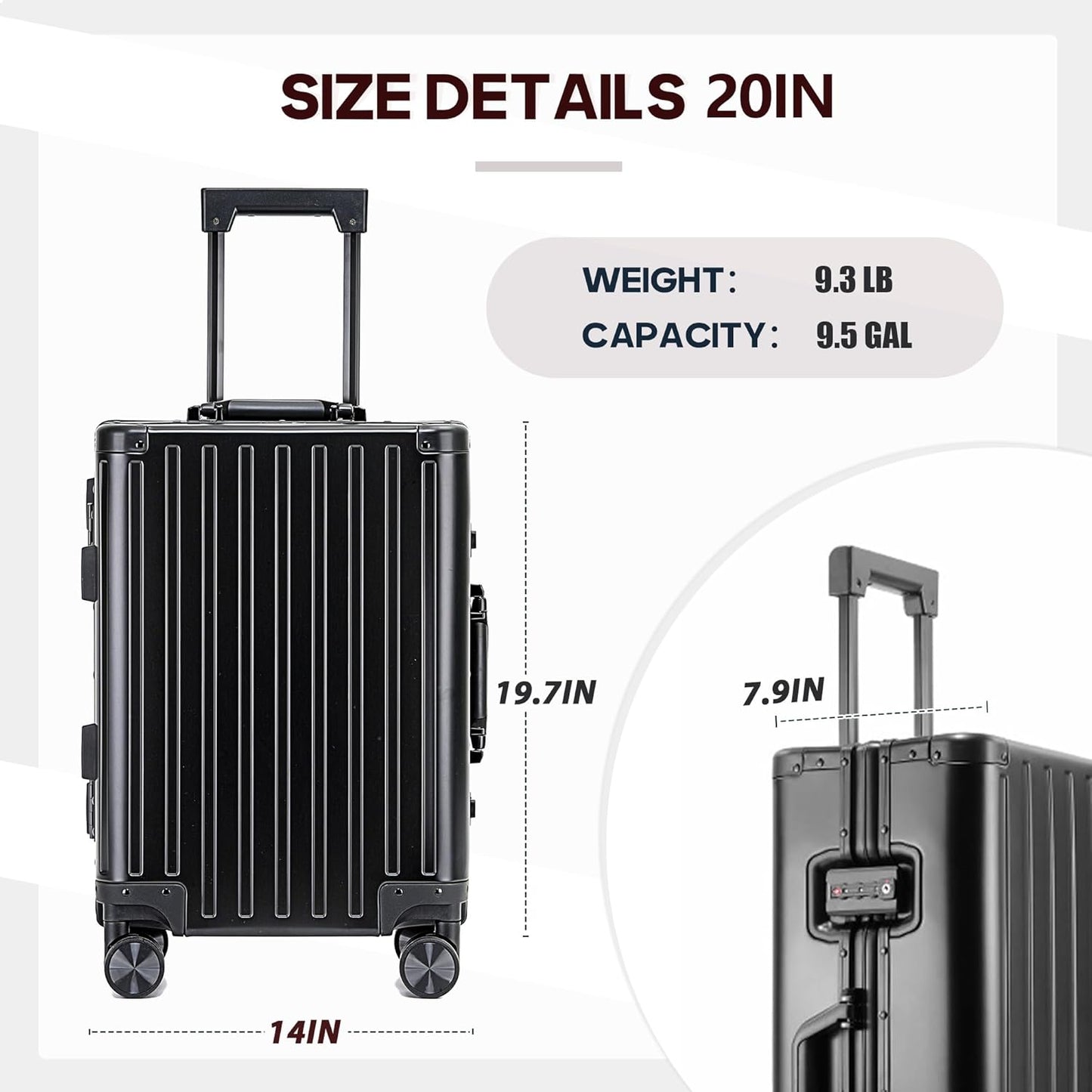 YYW All aluminum-magnesium Carry-On Luggage 20 Inch,Airline Approved Lightweight Suitcase with TSA Lock and Silent Wheels,Suitable for business travel (Black, 20in)