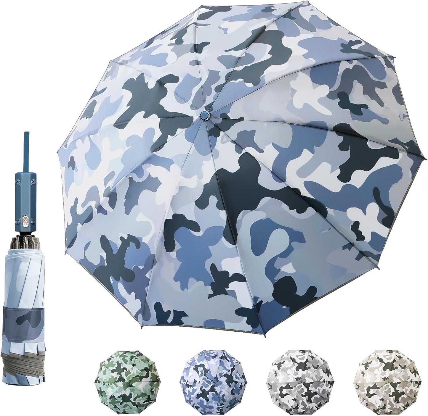 Large Windproof Travel Umbrella, Portable Reverse Folding Rain Umbrella for Car,Women and Men, Durable, Compact Inverted Design with Camouflage Canopy, Fits Backpack, 41.5/13 Inch, Automatic