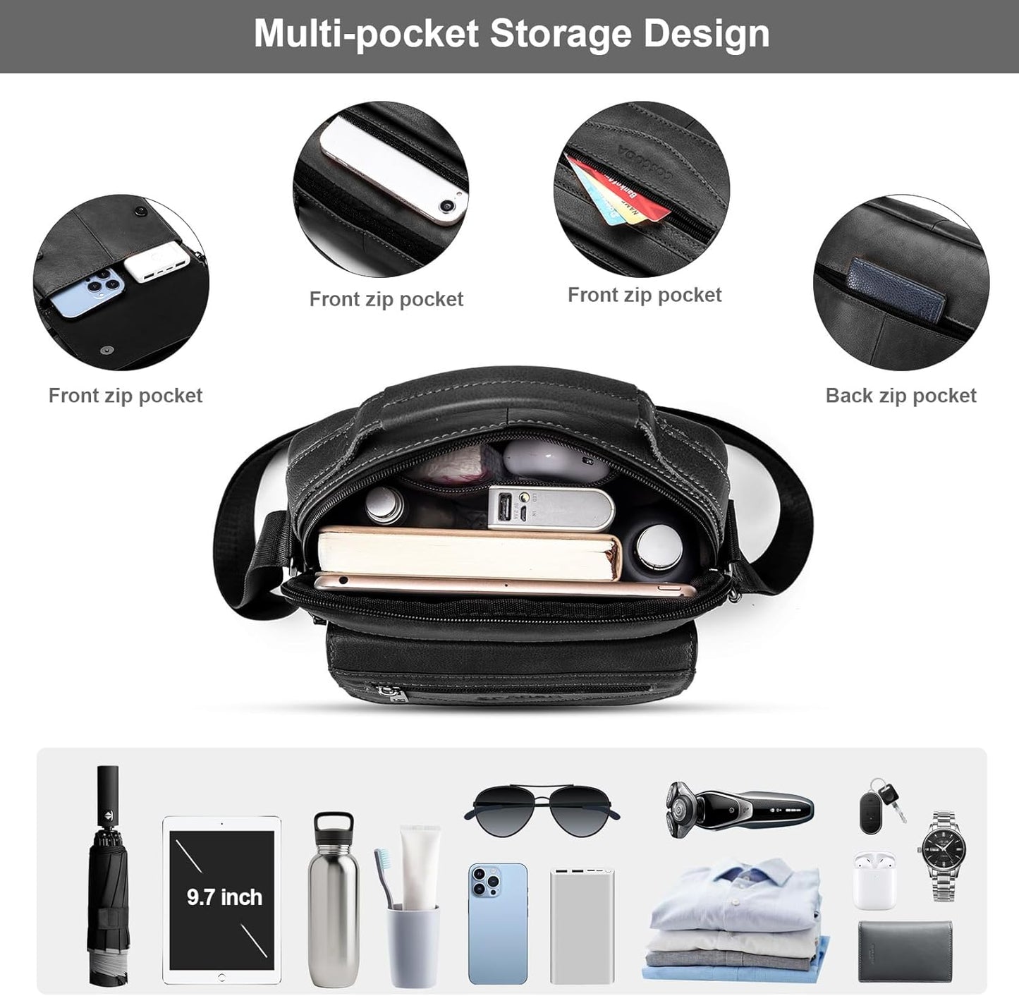 Men's Leather Crossbody Shoulder Bag - Messenger Satchel Travel Handbag