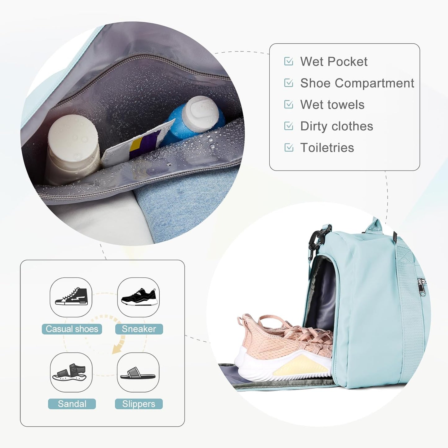 Gym Bag for Women with Shoes Compartment,Small Travel Duffel Bag with Toiletry Bags Sport Tote Overnight Weekender Carry on Personal Item Bags for Airlines Ligh Blue