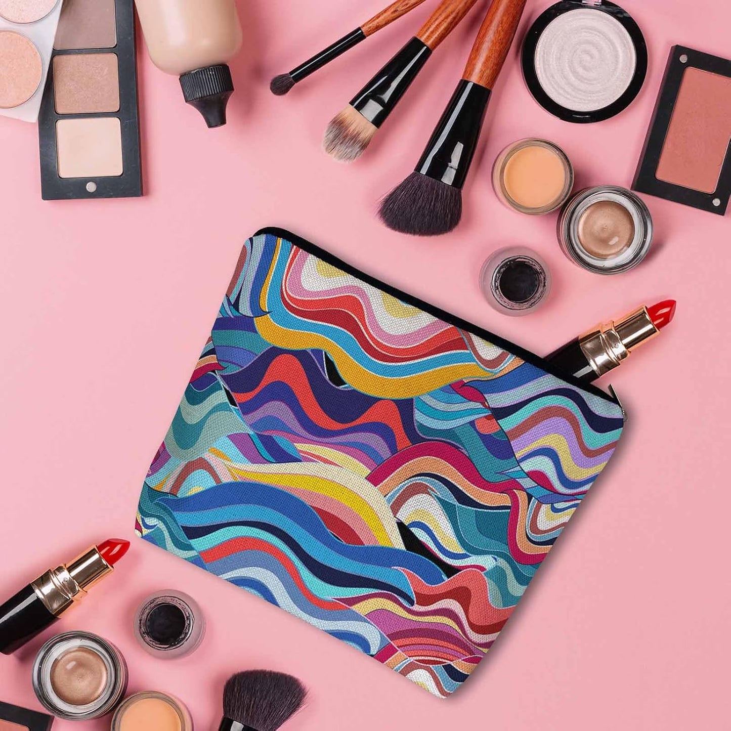 Ocean Waves Makeup Bags Makeup Organizer, Abstract Rainbow Waves Ocean Sea Flax Toiletry Bags Travel Cosmetic Bag Makeup Purse Pouch Skincare Bag Wallet Bags For Women Female Mom Daughter