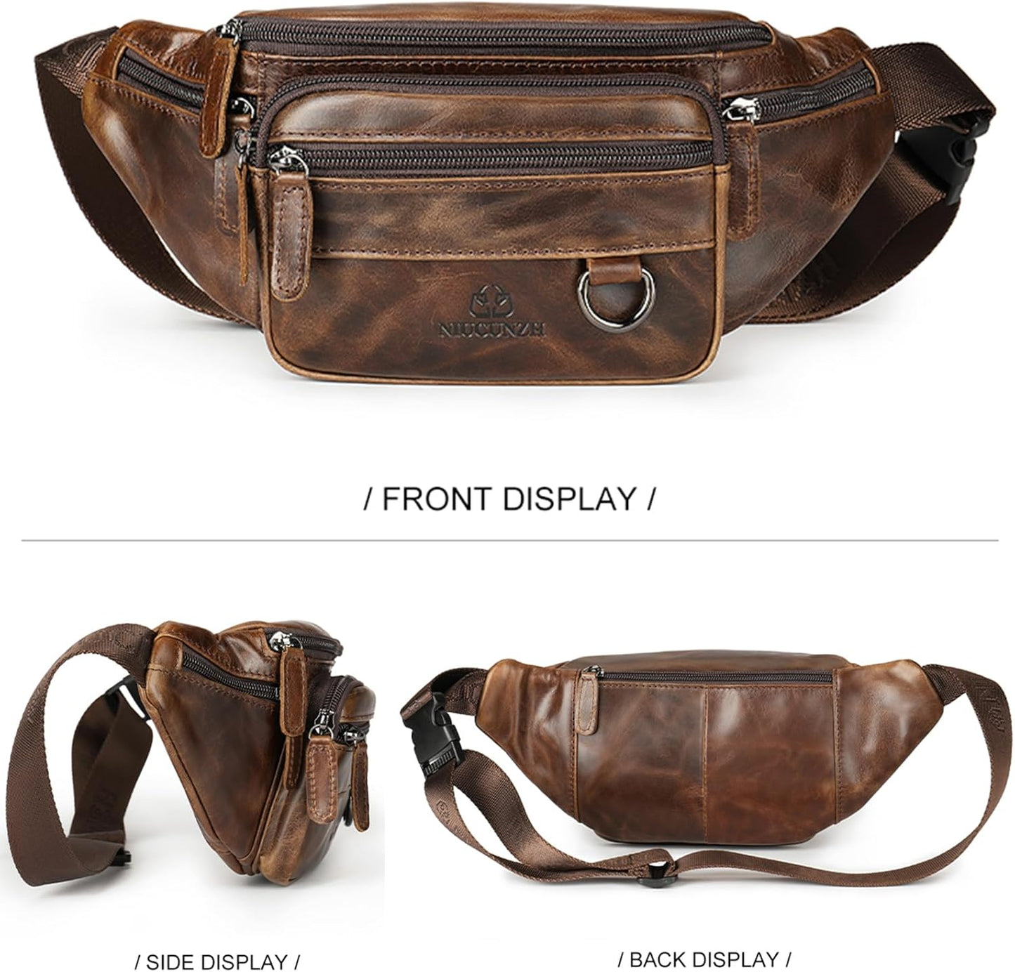 Genuine Leather Fanny Pack HandMade Durable cowhide Waist Bag Lots of Anti-theft zipper pocket