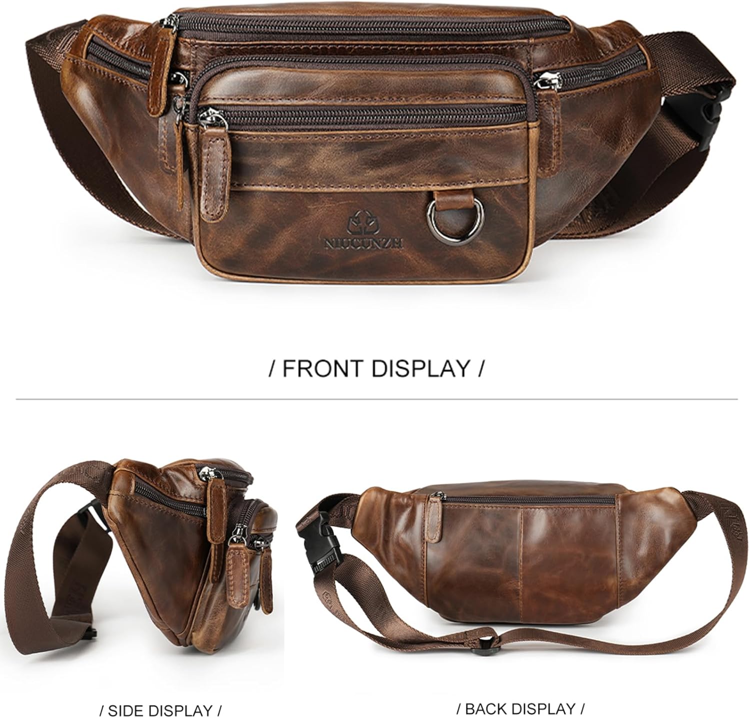 Genuine Leather Fanny Pack HandMade Durable cowhide Waist Bag Lots of Anti-theft zipper pocket