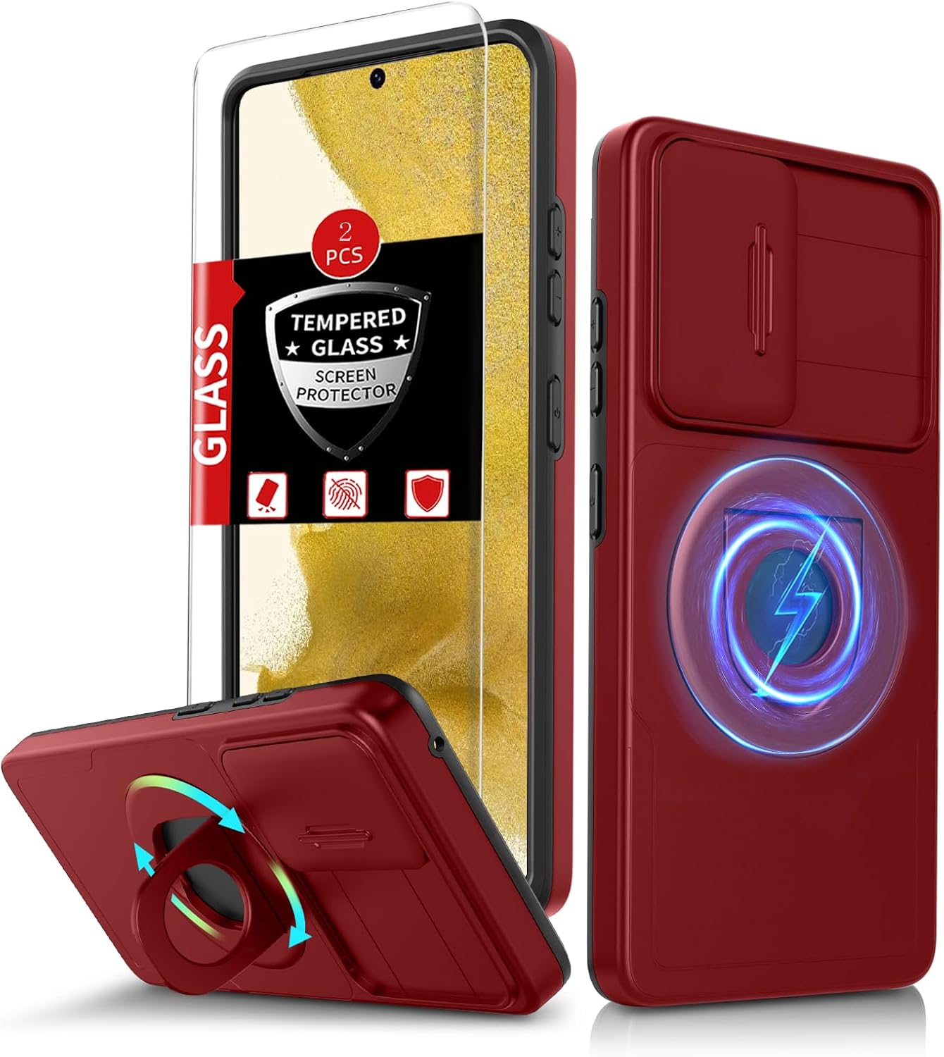 for Samsung Galaxy S22 Plus Case Magnetic Compatible with MagSafe Wireless Charging,with Screen Protector,for S22+Plus Case with Stand Ring+Camera Cover Shockproof Heavy Duty Protection Red
