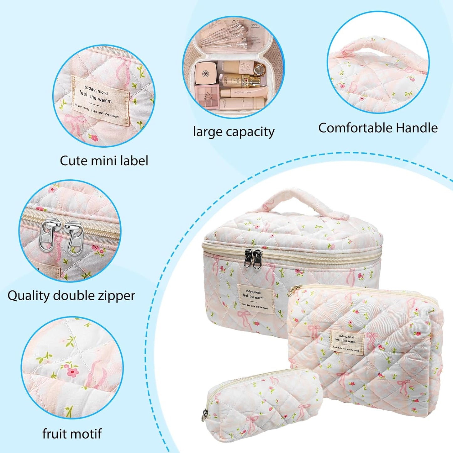 Quilted Makeup Bag, Large Capacity Travel Cosmetic Bag for Women and Girls, Aesthetic Storage for Daily and Travel Use (3pcs-overbowfloral)