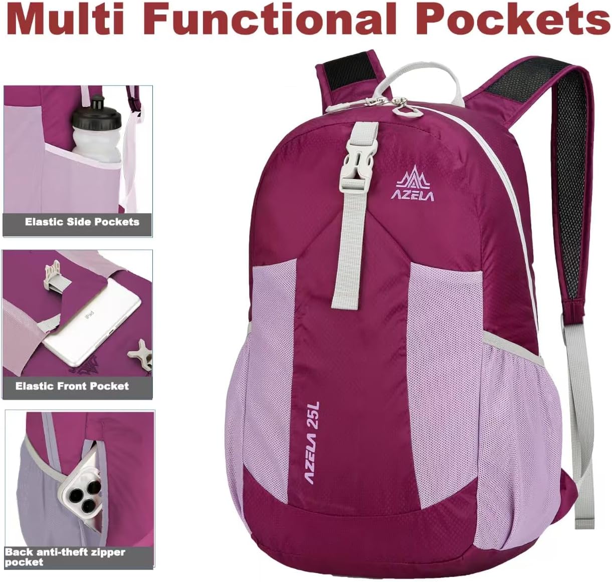 Lightweight Packable Backpack 25L Small Lightweight Backpack for Travel Hiking Daypack Foldable Daypack for Women Men Purple