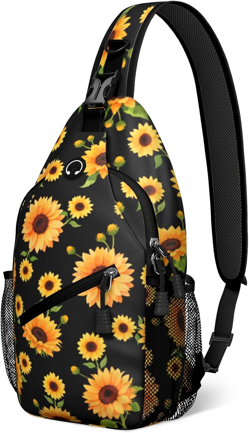 Black Yellow Sunflower Sling Bag Crossbody Chest Bag for Women Men, Water Resistant Lightweight