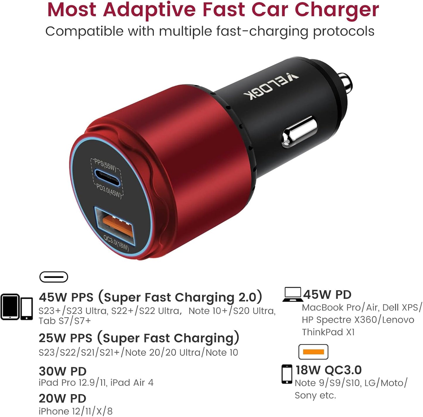 VELOGK Super Fast Type C Car Charger [73W Turbo], Fast Adaptive 55W 45W PPS/PD&QC3.0 USB C Car Adapter[Super Fast Charging 2.0] for Samsung S25 Ultra/S24 Ultra/S23 Ultra/S22+/S21/S20, iPad Pro(Red)