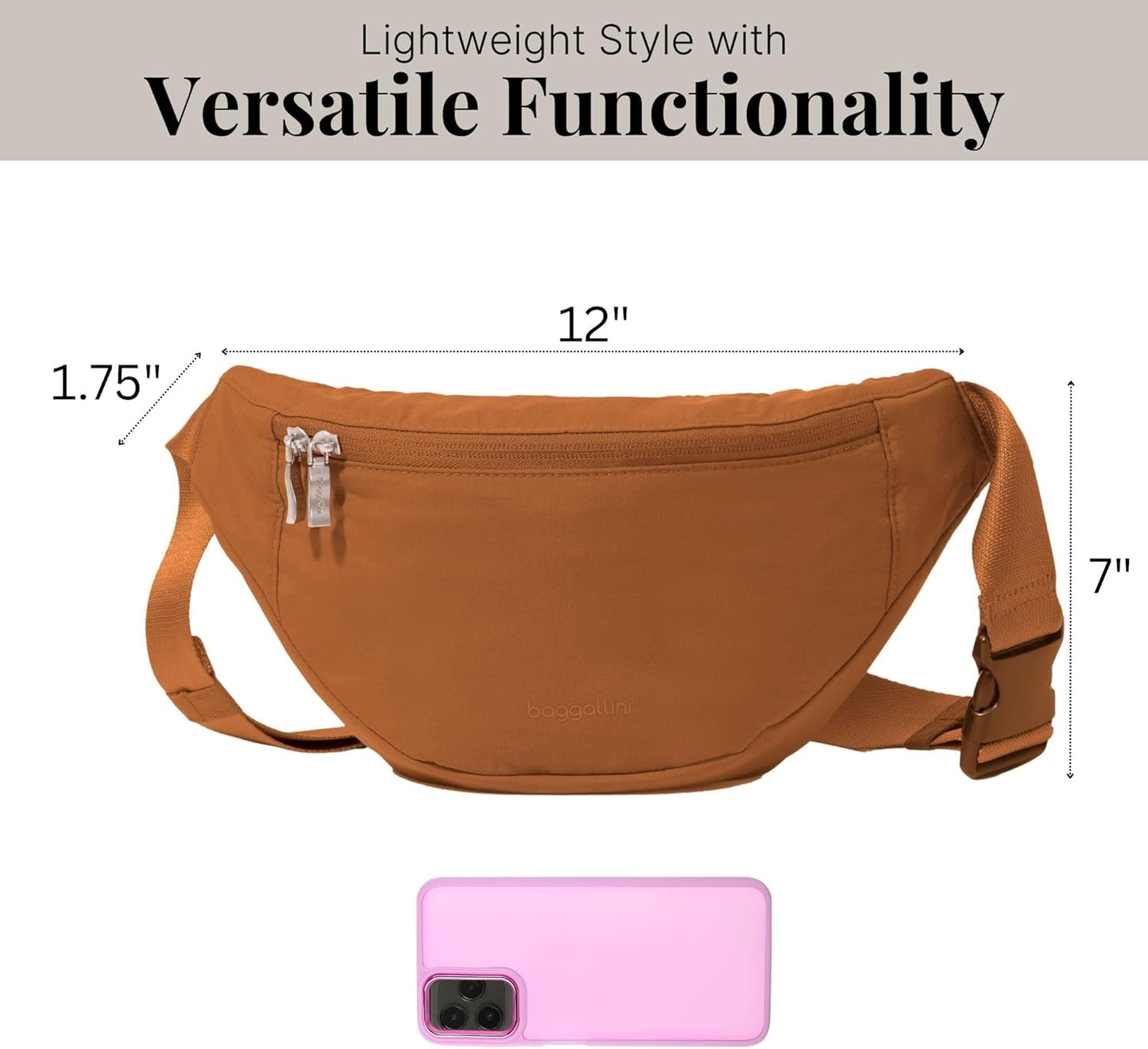 Baggallini Style Swift Belt Bag Sling Bag - Lightweight 12"x7" Crossbody Bag Fanny Pack Belt w/RFID and Adjustable Strap