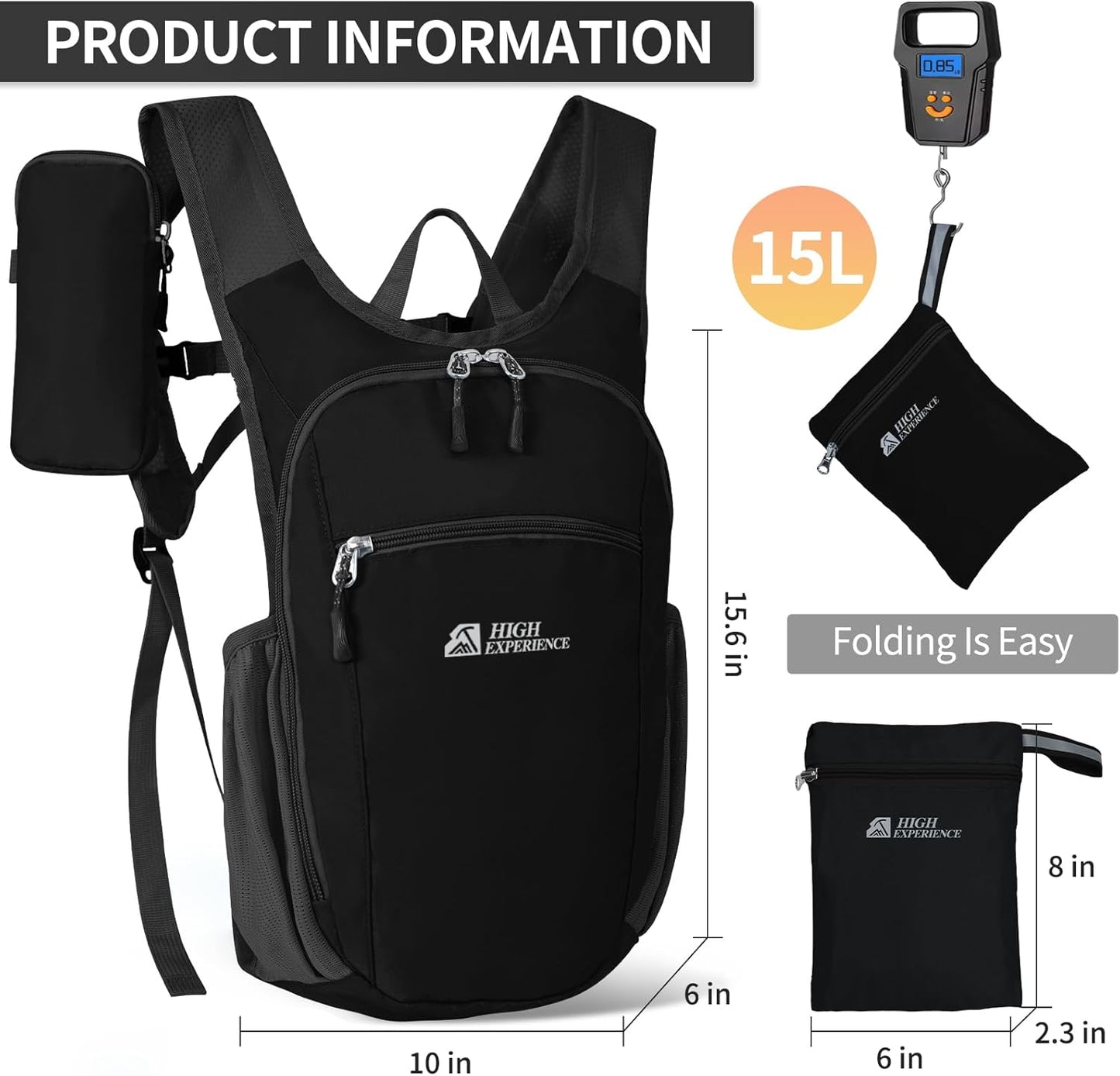 Hiking Backpack 10L/15L Small Daypack Lightweight Packable Travel Foldable Water Resistan for Women Men (Black, 15L)