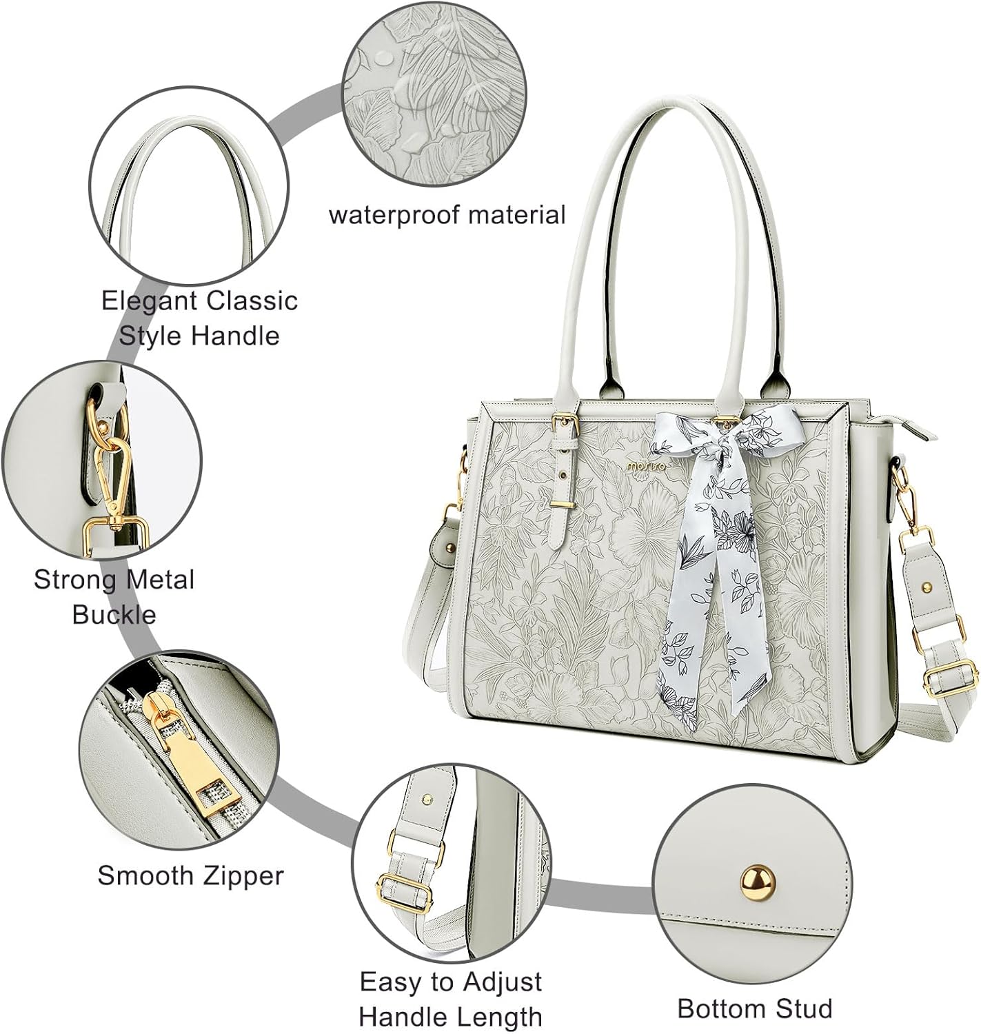MOSISO Laptop Bag for Women, PU Leather Tote Bag, Front Embossed Retro Hibiscus Computer Bags with