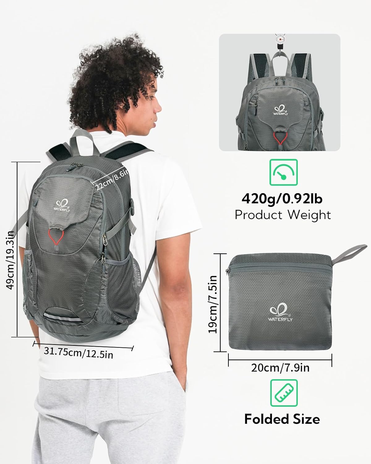 WATERFLY Lightweight Packable Hiking Backpack: 30L Foldable Travel Daypack Ultralight Camping Day Pack for Woman Man Grey