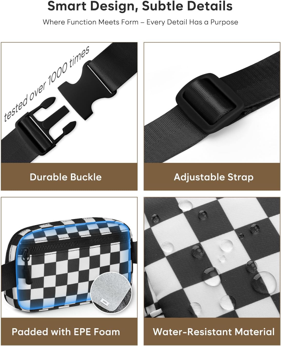 Fanny Packs for Women Cross Body Bag Waterproof Belt Bag with Adjustable Strap and Zipper Back Pocket Small Crossbody Bags Fashion Waist Packs for Workout Travelling(Checkered Black)