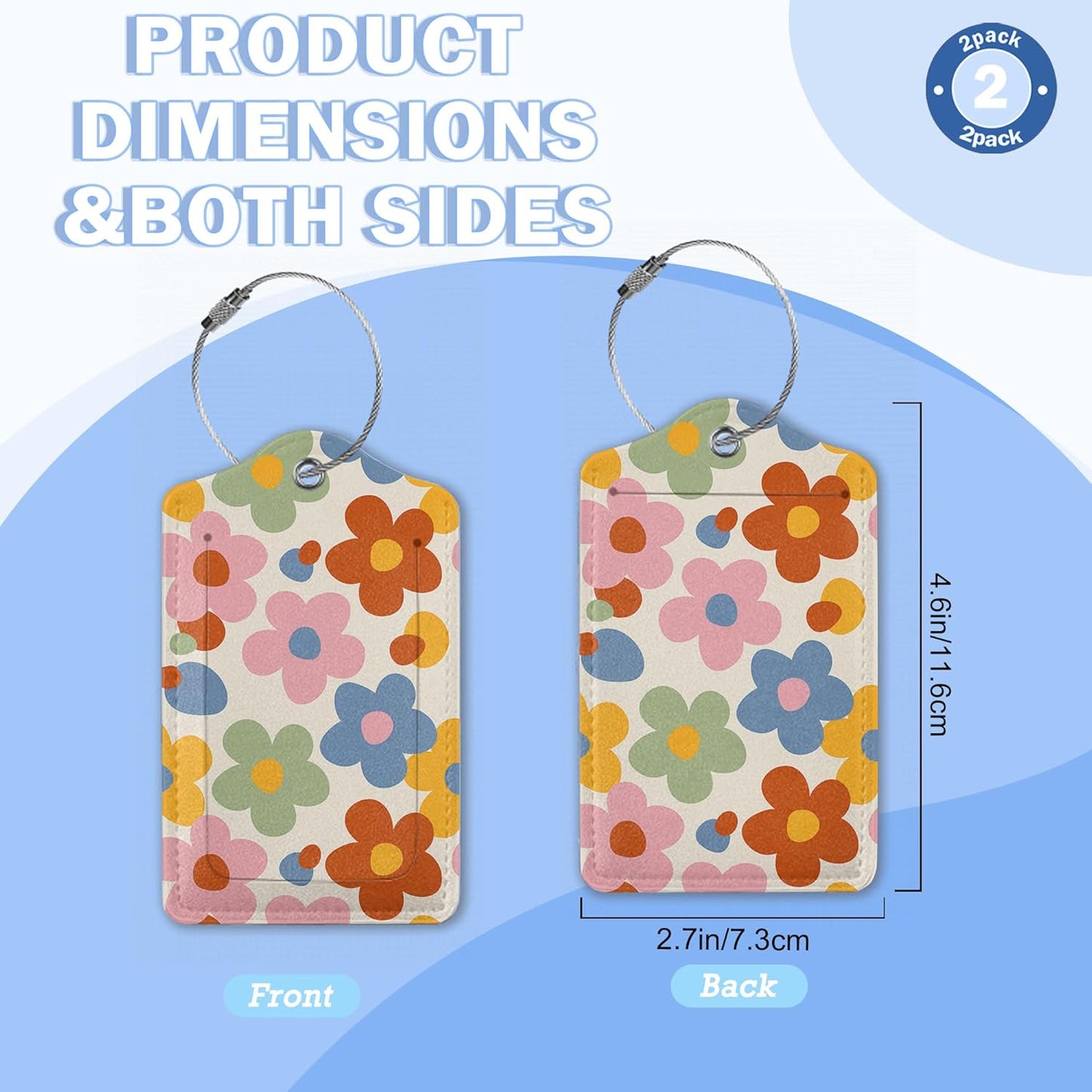 2 Pack Luggage Tags,Leather Suitcase Tags with Privacy Cover Name Address Labels& Durable Steel Loop for Men/Women Travel Bag Suitcases(Vintage Groovy Flowers)