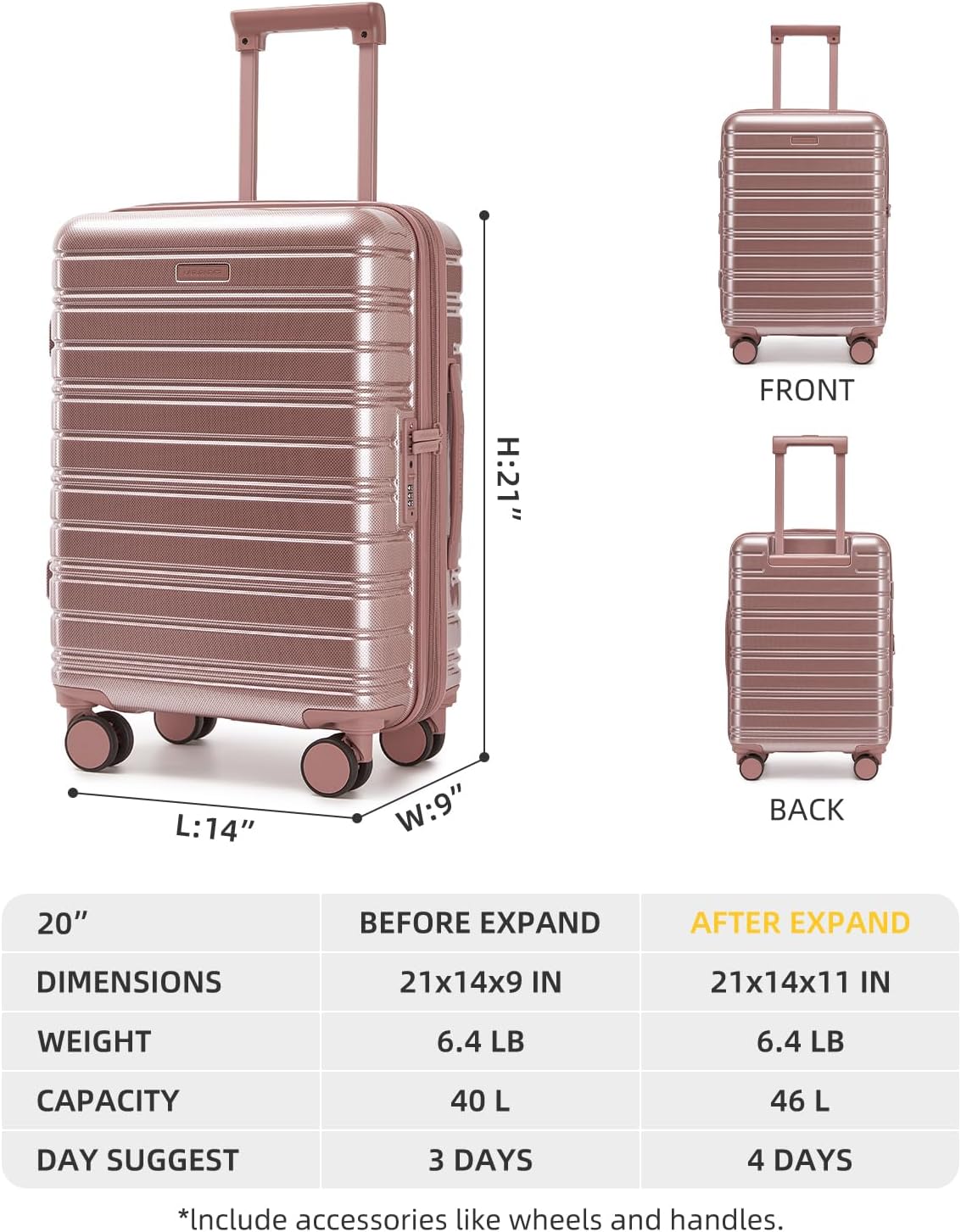 LARVENDER Carry On Luggage 22x14x9 Airline Approved, 20 Inch Expandable PC+ABS Hardside Suitcase Carry On Luggage with Spinner Wheels TSA Lock for Women Men (Rose Gold)
