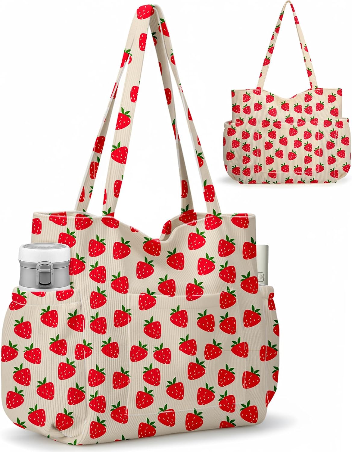 Corduroy Tote Bag for Women,Large Capacity Cute Tote Bags With 6 Pockets,Crossbody Shoulder Handbag for Work Travel Gym