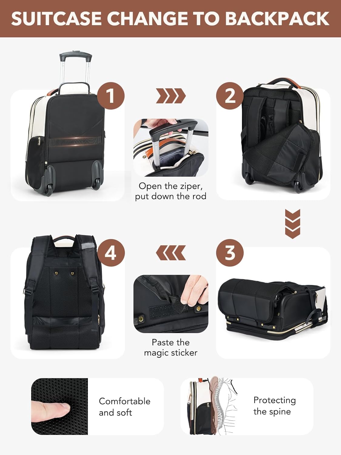Rolling Backpack for Women, Large Travel Backpack with Wheels Carry on Flight Approved, 17 Inch Laptop Wheeled Roller Bag Suitcase Luggage for Work Bussiness Weekender (Beige,L Underseat Size)