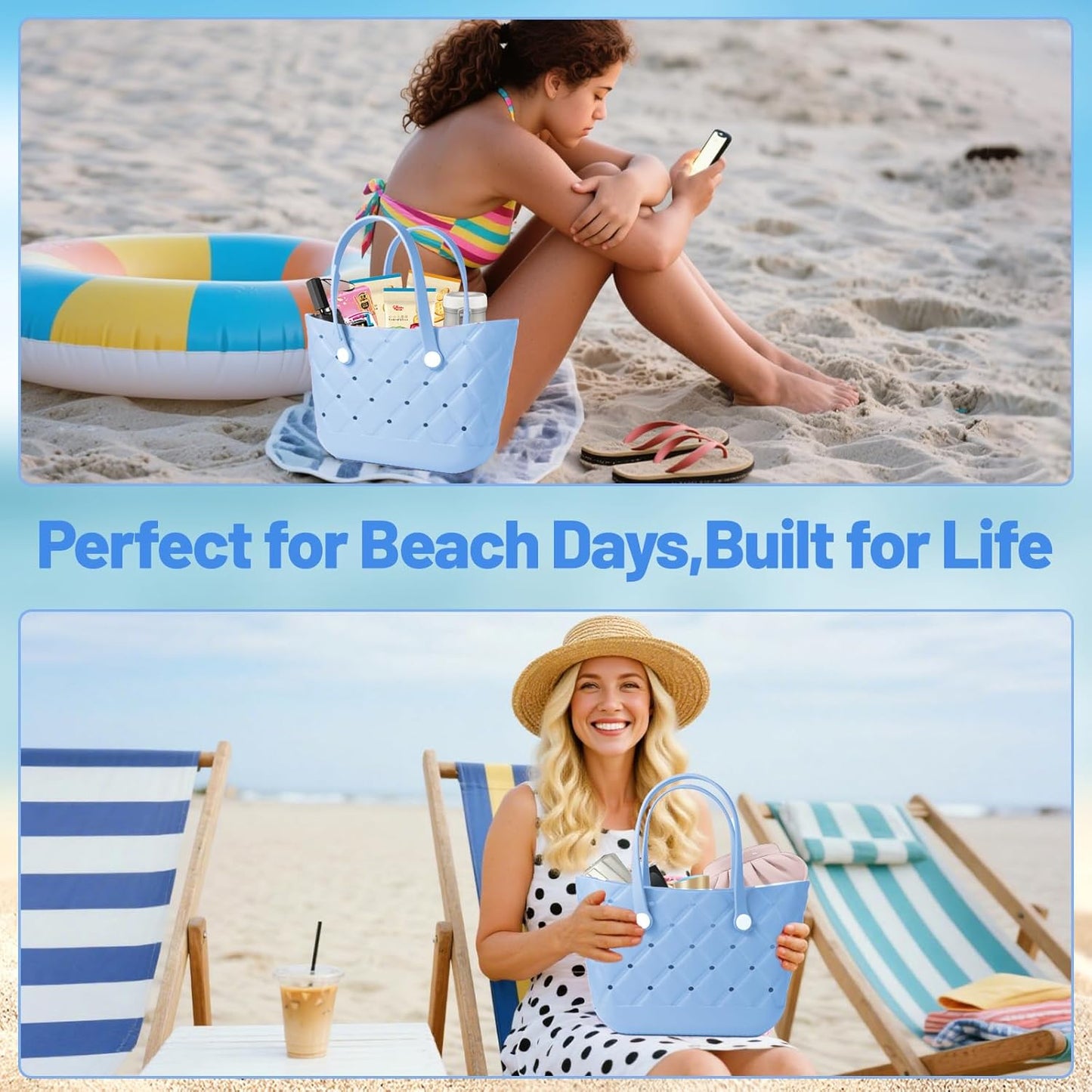 Large Waterproof Rubber Beach Bag for Women Lightweight Beach Tote For Beach Pool & Gym&Travel