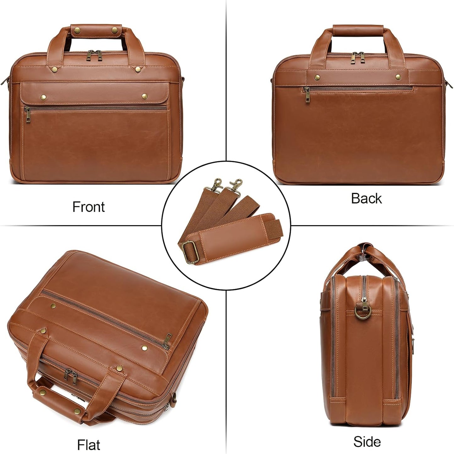 Bosidu Leather Briefcases for Men 15.6 Inch Laptop Messenger Bag with Triple Compartments Water-Resistant Computer Shoulder Bag for Business, Travel, Work, Office, Coffee