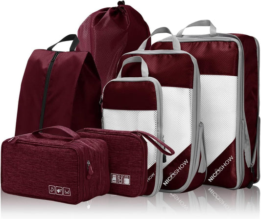 7 Set Compression Packing Cubes for Travel - Compressible, Lightweight, and Space-Saving Packing Cubes, Travel Essentials for Women, Wine