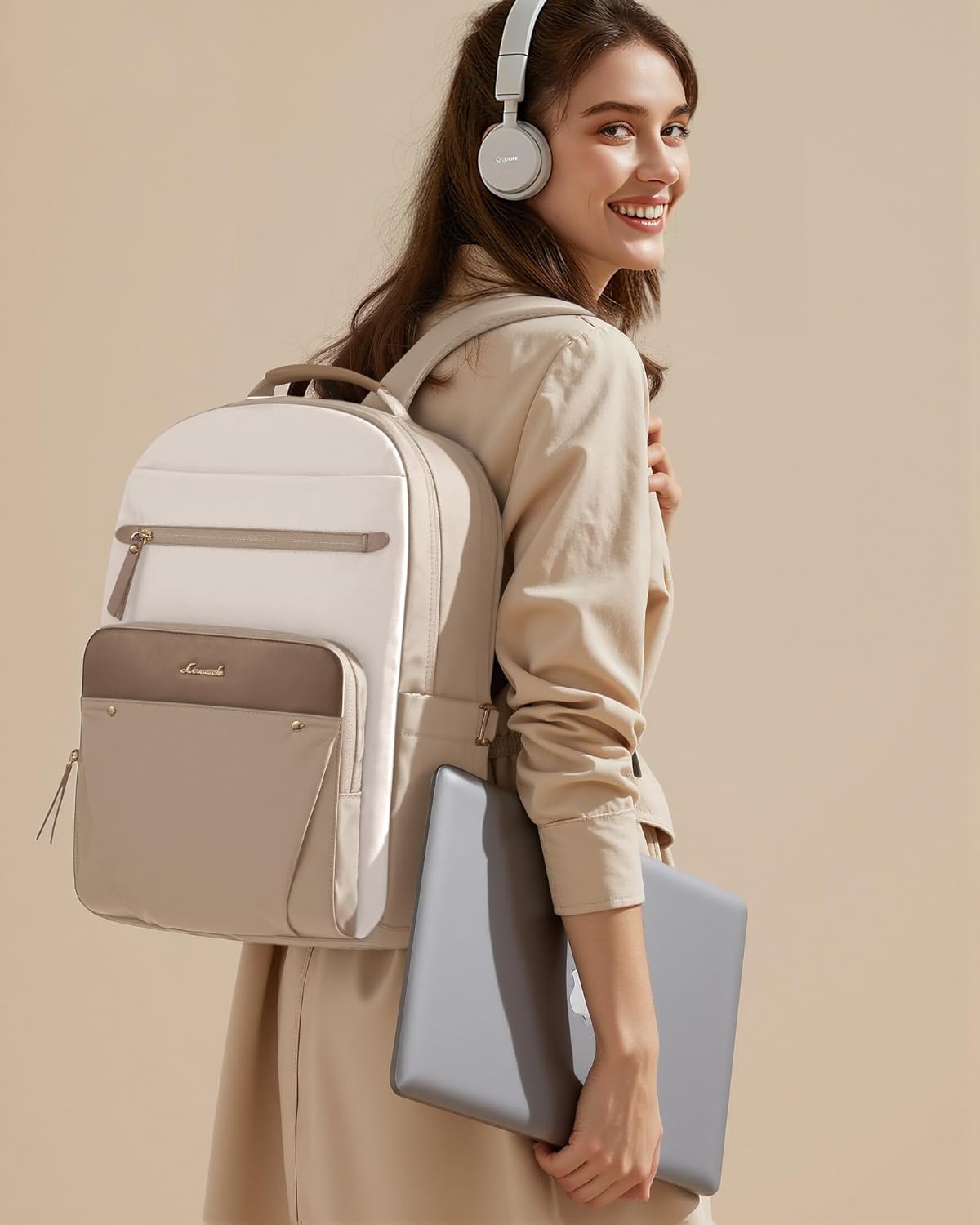 LOVEVOOK Laptop Backpack for Women, 17.3" Work Backpack Purse, Travel Personal Item Bag, Carry On Business Computer Bag, Casual Daypack for Office, School, or Gift, Khaki-beige