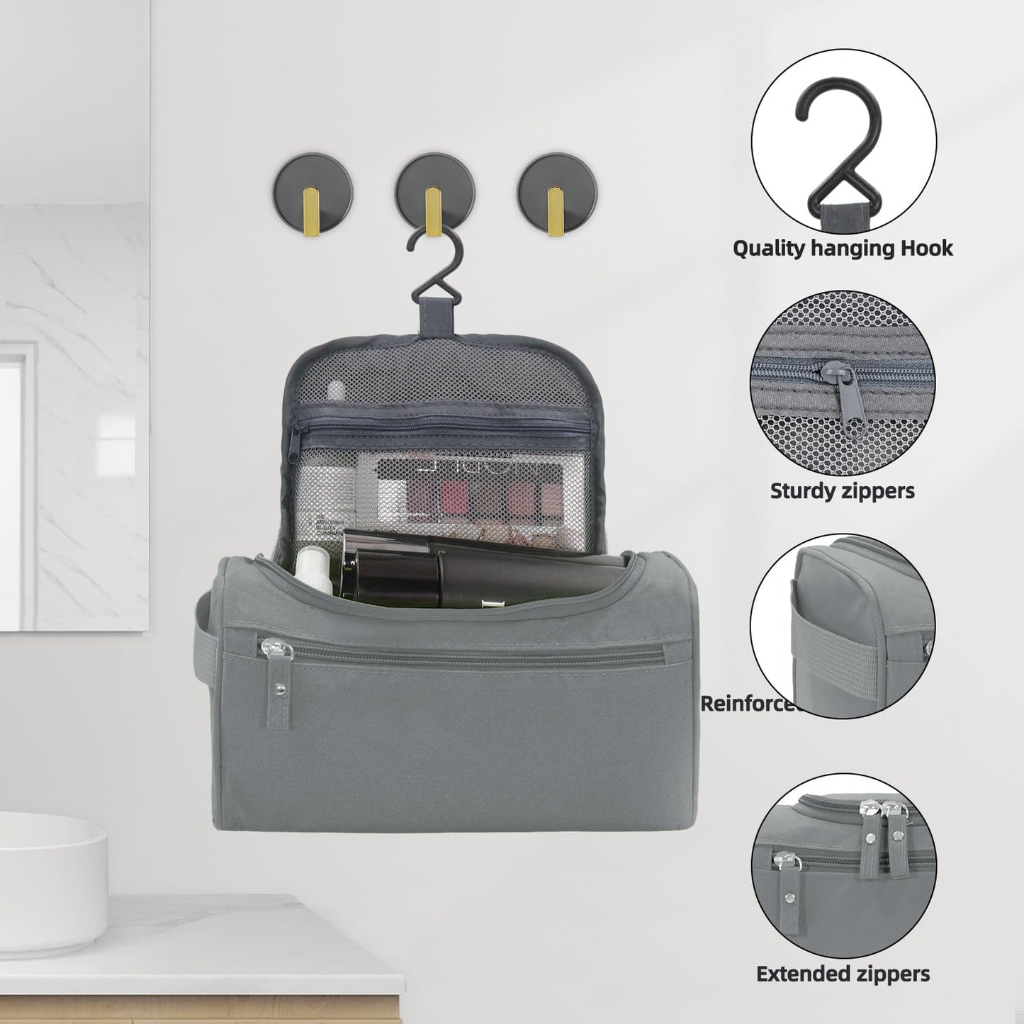 Buruis Travel Toiletry Bag for Men and Women, Hanging Toiletry Organizer Cosmetics Makeup Bag, Water-resistant Dopp Kit Shaving Bag, Small Toiletry Bag for Travel Essentials, Accessories (Gray)