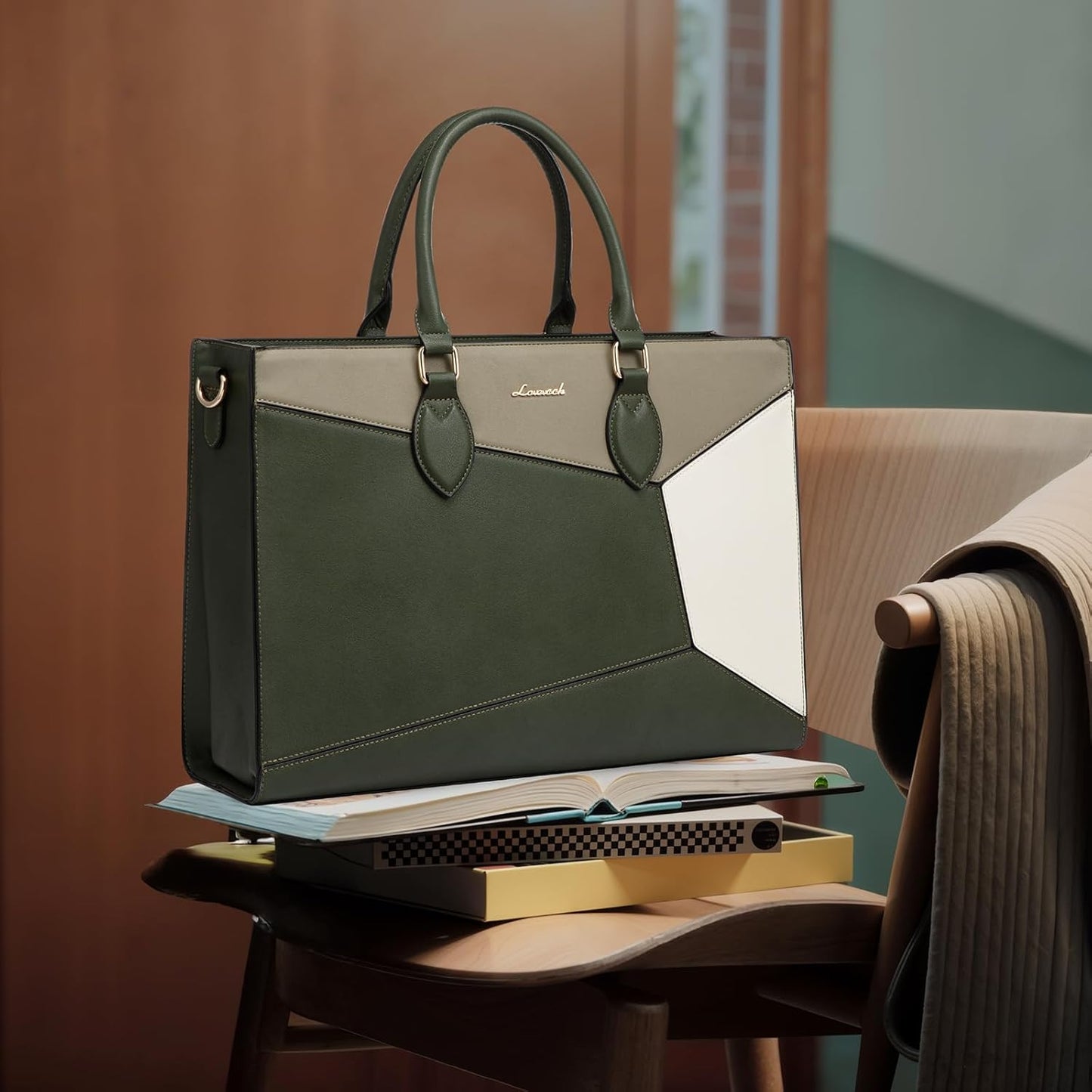 LOVEVOOK Laptop Bag for Women,17 lnch Waterproof Lightweight Leather Tote Bag,Professional Business Office Work Bags with Clutch Purse,Large Capacity Computer Shoulder Handbag,Green-Green-White