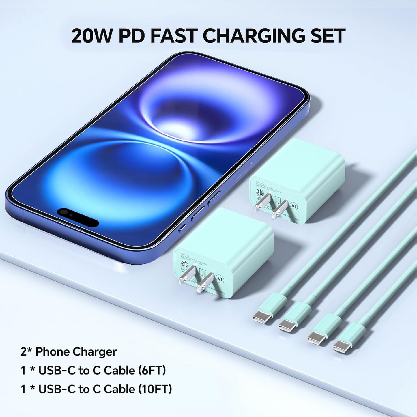 Compatible with iPhone 16 15 17 Charger, 2Pack 20W Fast Charging Wall Charger Block Cubes with 6/10Ft USB C to USB C Cable Compatible with iPhone 15 16 17 Plus/Pro Max/iPad Pro - Green