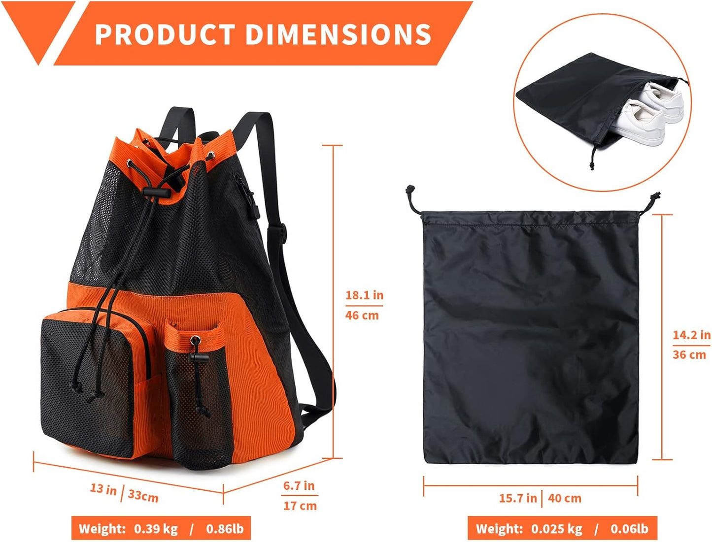 Lohol Large Mesh Drawstring Backpack with Shoe Bag, Durable Swimming String Sack with Handle for