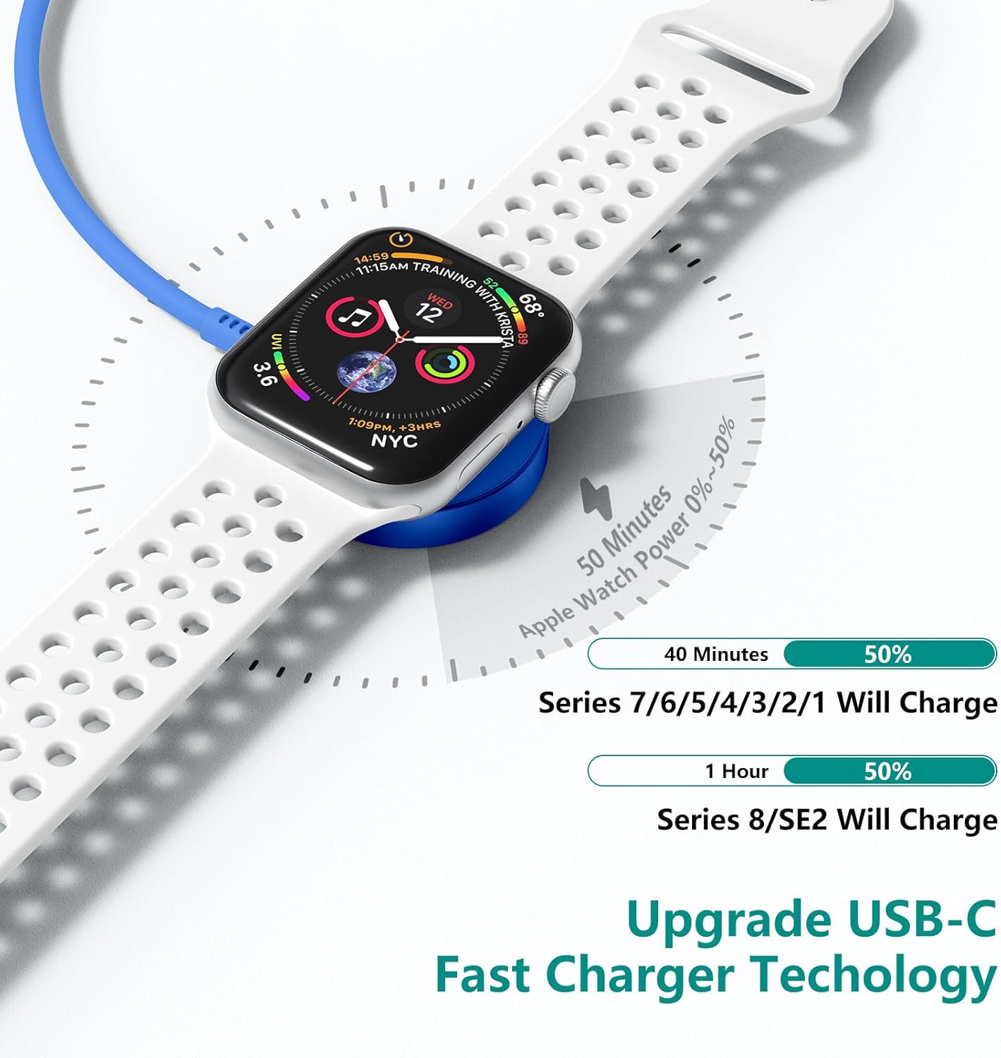 Upgraded Apple Watch Charger, iPhone Watch Charger, Magnetic iWatch Fast Charger to USB C Cable 6ft with USB C Charger Block for iWatch Series Ultra/9/8/7/6/SE/SE2/5/4/3,Blue