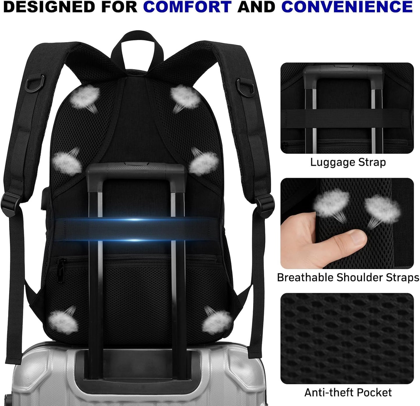 School Laptop Backpack for Women Men: 17.3 Inch College High School Backpacks with USB Charging Port Waterproof Travel Back Pack with Anti-theft Pockets Casual Work Daypack for Boys Students (Black)