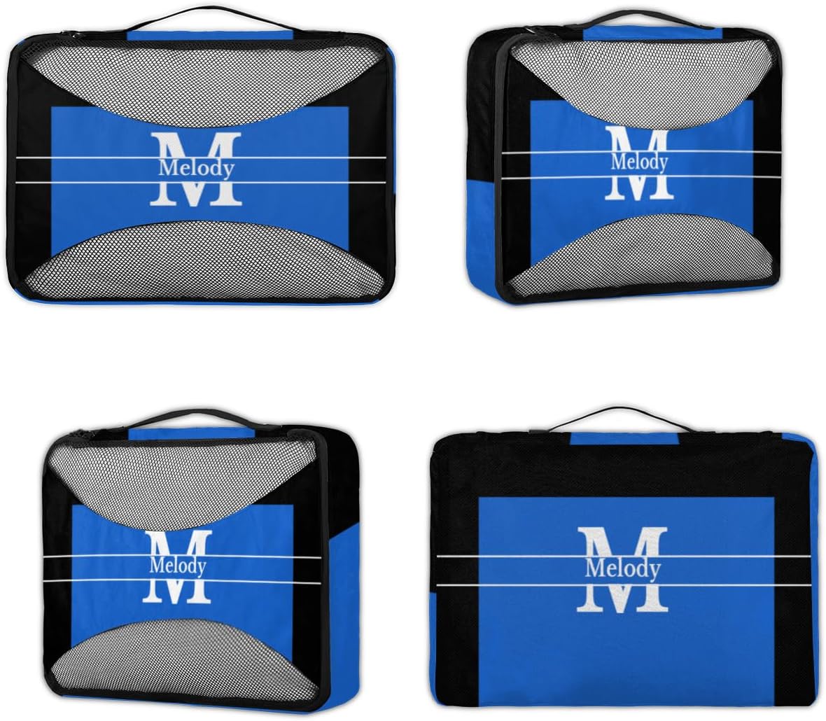 Custom Packing Cubes with Name and Initial Letter, 4Pcs/Set Travel Luggage Packing Organizers Set for Men and Women, Navy Blue with Black