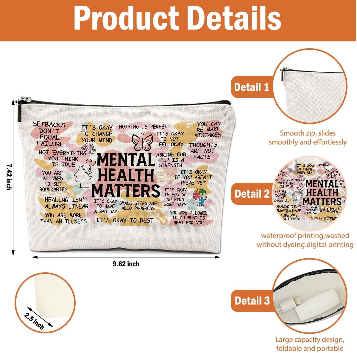 2PCS Mental Health Gifts Makeup Bag, Positive Affirmations Mental Health Awareness Inspirational Gifts for Women Friend Coworker Birthday Friendship Mothers Day Travel Toiletry Cosmetic Bag