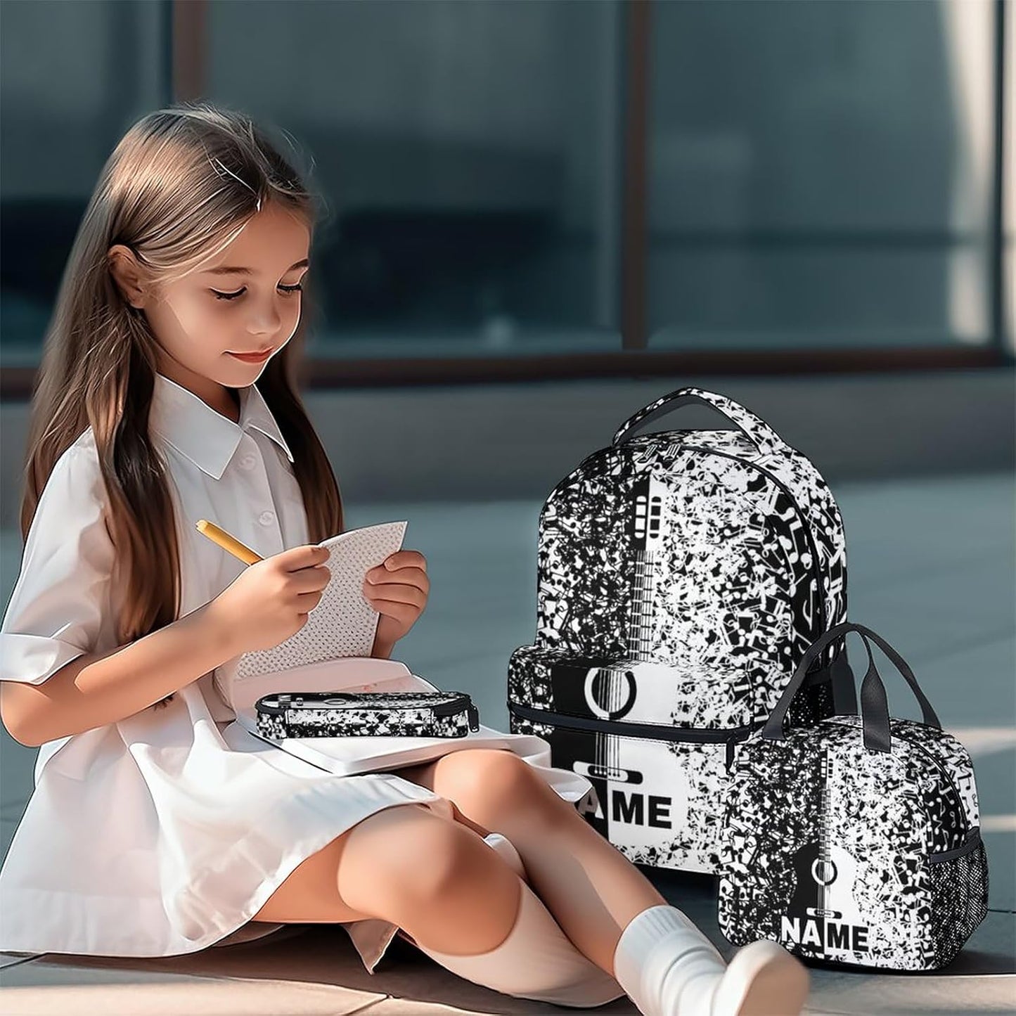Mercuryelf Personalized Guitar Kids Backpack with Lunch Box Set, 3 in 1 School Backpacks Matching Combo, Cool Black White Bookbag and Pencil Case Bundle