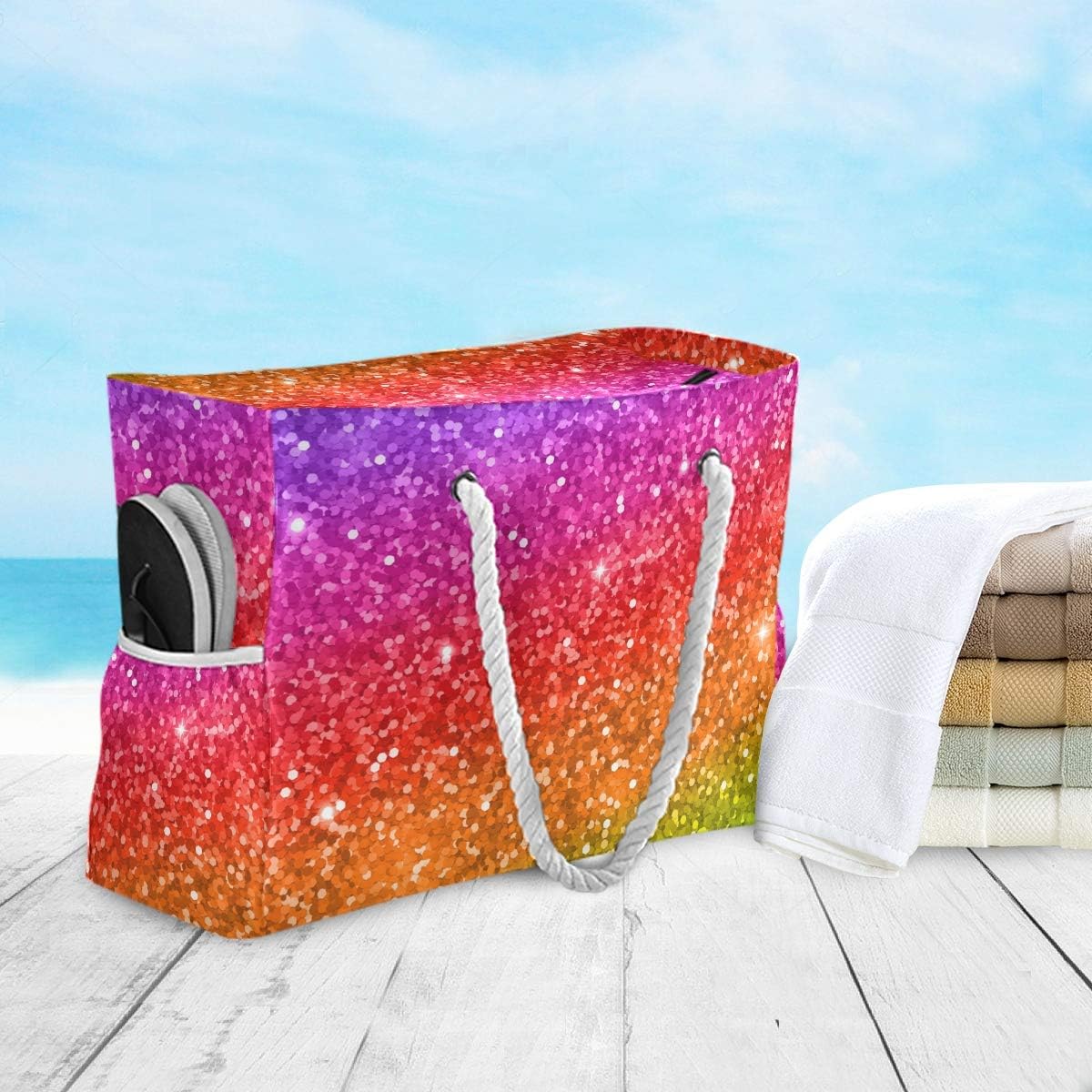 ALAZA Multicolor Glitter Rainbow Gradient Shoulder Tote Bags for Gym Travel Beach, Inner Pockets