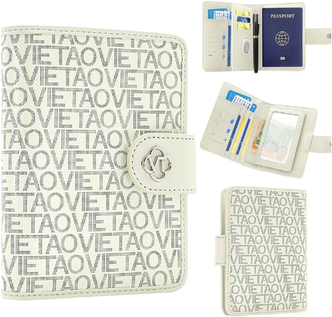 RFID Blocking Leather Passport Holder for Travel, Airtag Passport Wallet for Men and Women, Cards, Passport, Tickets, Cash, Photo and Sim Card Pen Slot (White)