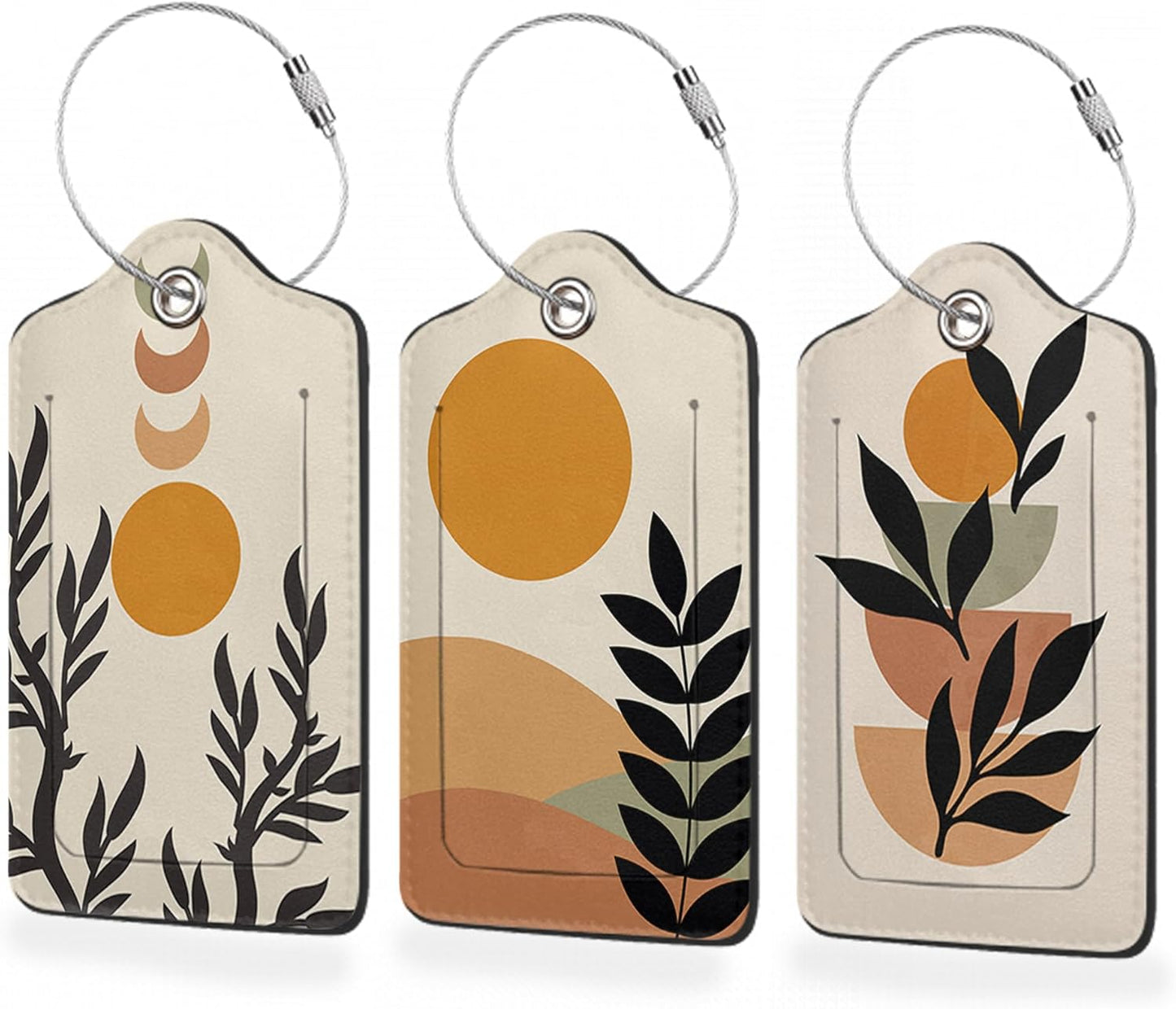 Set of 3 Luggage Tags,Abstract Minimalist Botanical Painting Leather Suitcases Tag Identifiers with Privacy Name Address Labels & Durable Steel Loop for Women Men Travel