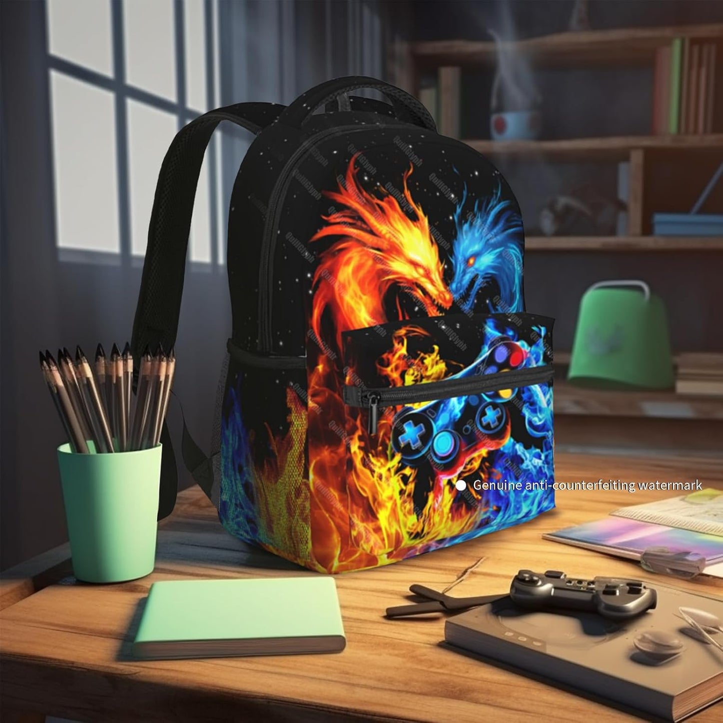 School Backpack For Boys Abstract Gamepad Boys Backpack For Kids Children Teens Elementary Middle School Boy Backpacks Ages 6-18 Fire Dragon Bookbag back pack