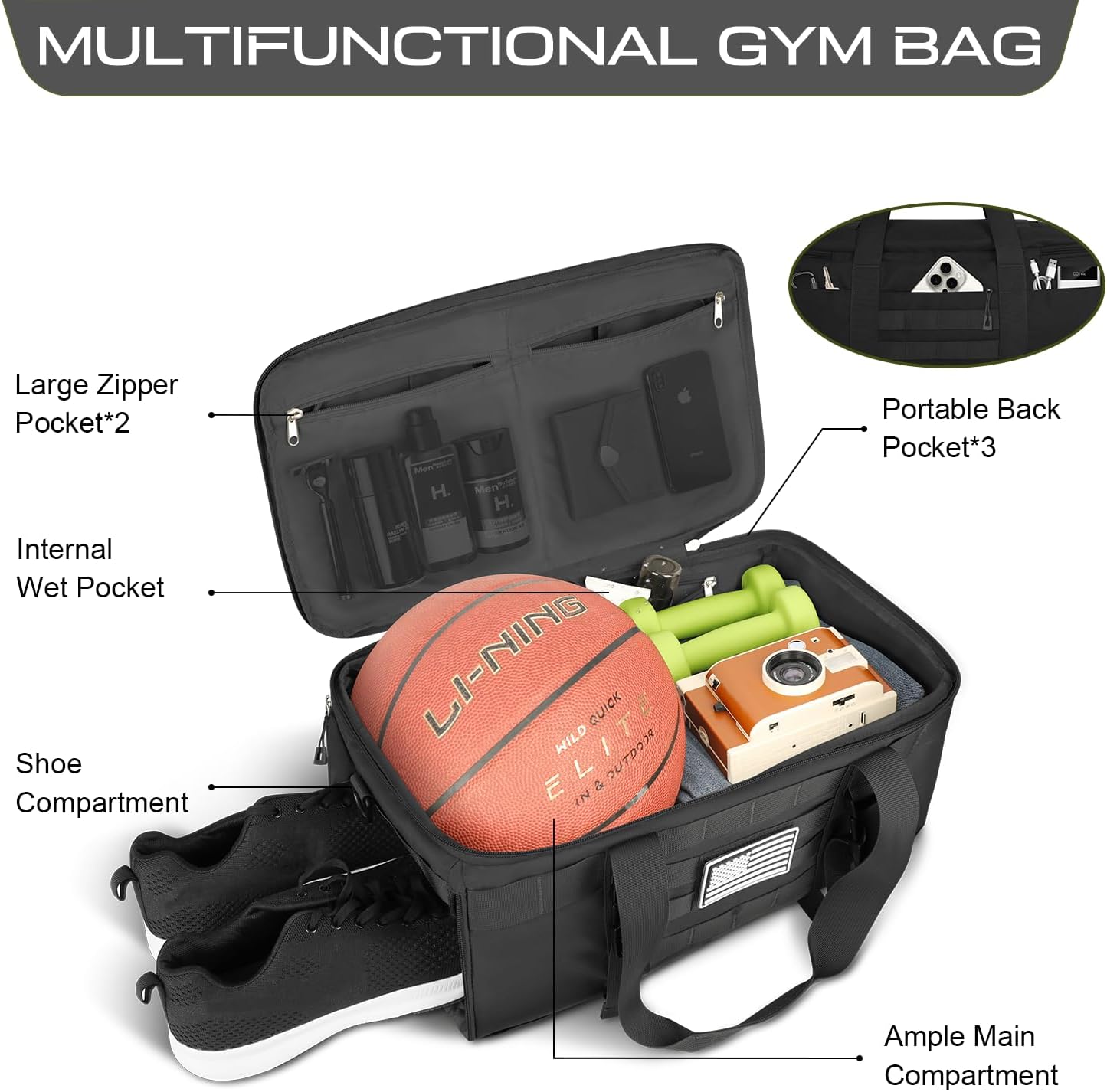 ETRONIK Gym Bags for Men, Extra Large Tactical Duffle Bag Backpack with Shoe Compartment, 3 in 1 Carry on Bag Travel Backpack with Wet Pocket, Weekender Range Bag for Workout Football Gym, Black