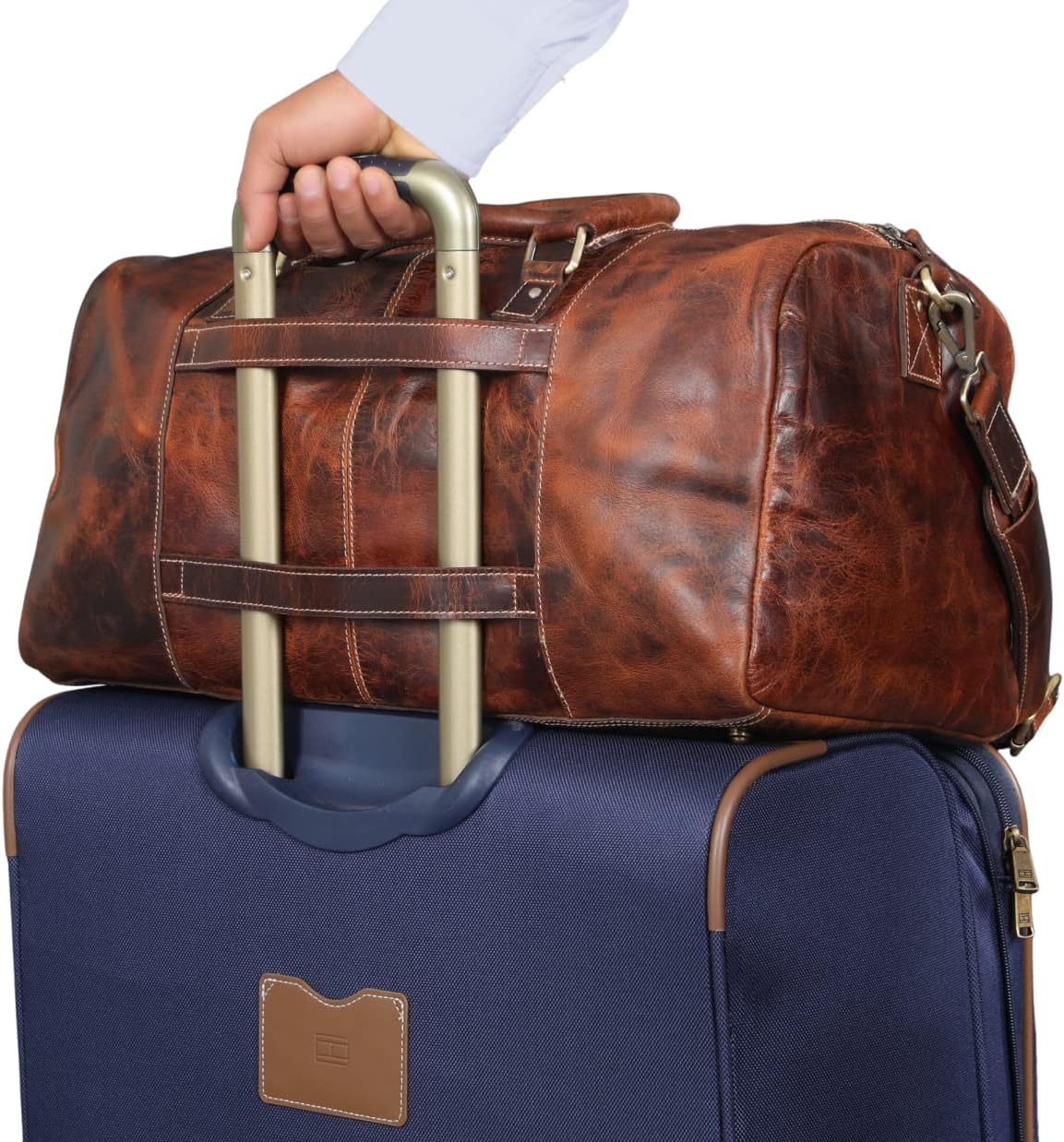 Genuine Full Grain Leather Carry On Travel Bag 21x11x10 with Trolley Straps, Shoe Compartment, Shouler Strap by De Lira