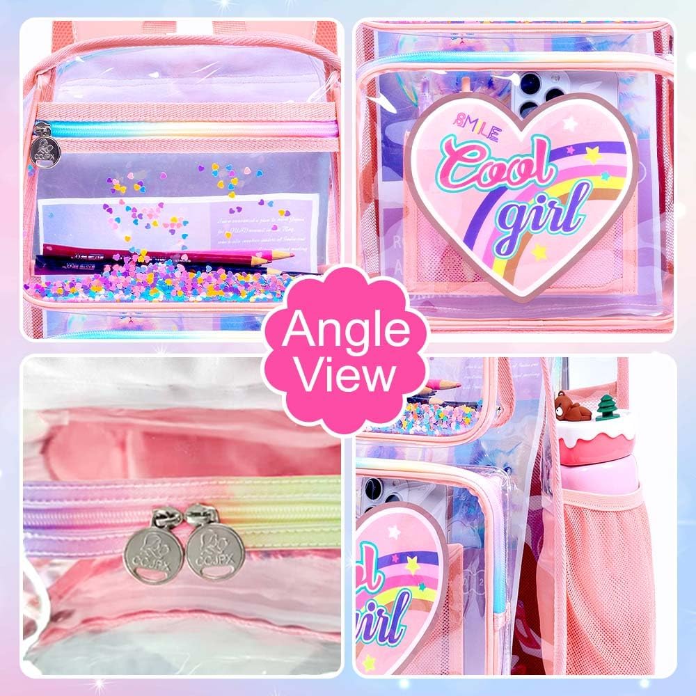 3PCS Clear Backpack Heavy Duty, Cute Sequins Transparent Bookbag with Handbag for Girls, Womens Pink See Through School Bag