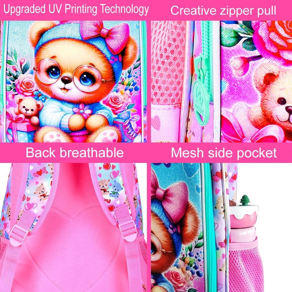 KLFVB 3PCS Girls Bear Bookbag, Water Resistant Kids Backpack with Lunch Box, 16" Preschool Backpacks for Elementary - Bear Pink